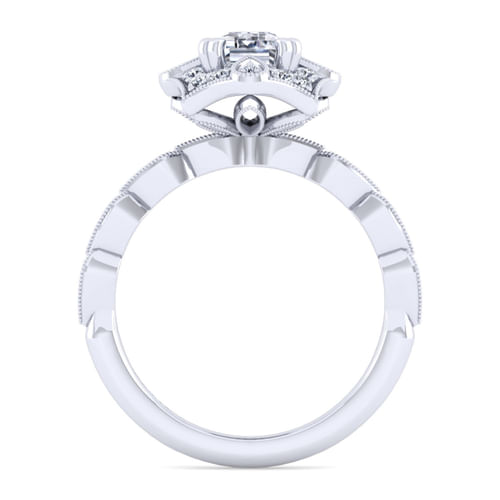 Unique 14K White Gold Art Deco Emerald Cut Halo Diamond Engagement Ring