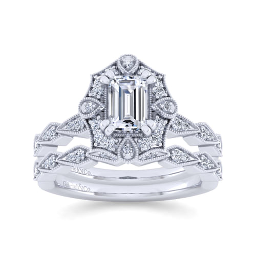 Unique 14K White Gold Art Deco Emerald Cut Halo Diamond Engagement Ring