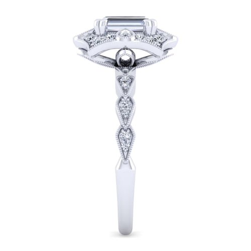 Unique 14K White Gold Art Deco Emerald Cut Halo Diamond Engagement Ring