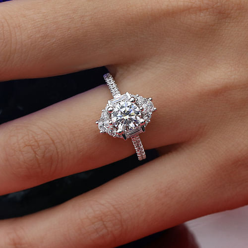 Unique 14K White Gold Art Deco Halo Diamond Channel Set Engagement Ring