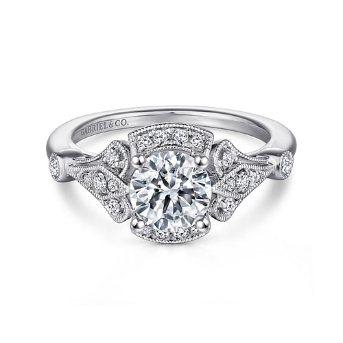 Unique 14K White Gold Art Deco Halo Diamond Engagement Ring