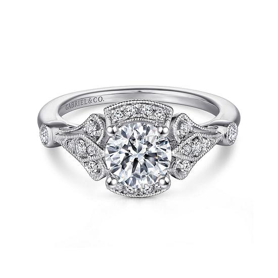 Gabriel - Unique 14K White Gold Art Deco Halo Diamond Engagement Ring