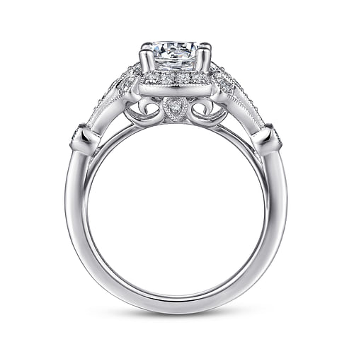 Unique 14K White Gold Art Deco Halo Diamond Engagement Ring