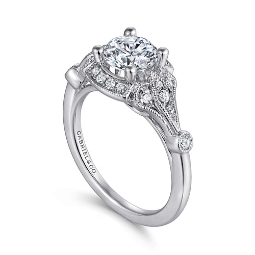 Unique 14K White Gold Art Deco Halo Diamond Engagement Ring