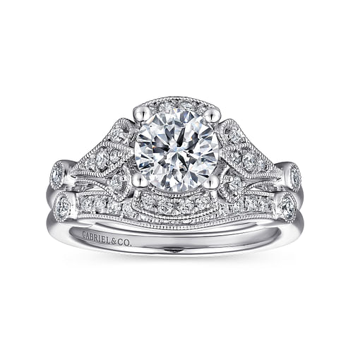 Unique 14K White Gold Art Deco Halo Diamond Engagement Ring