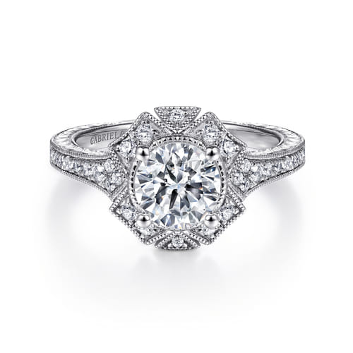 Unique 14K White Gold Art Deco Halo Diamond Engagement Ring