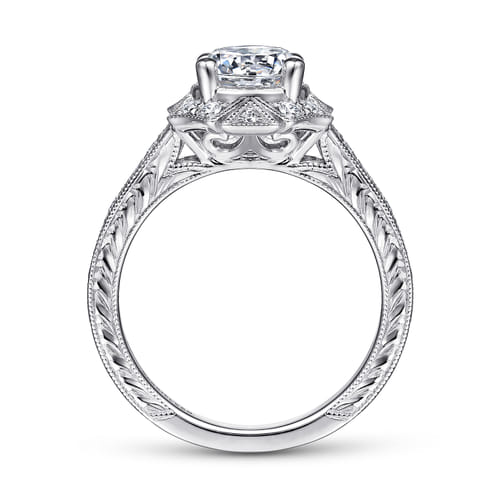Unique 14K White Gold Art Deco Halo Diamond Engagement Ring