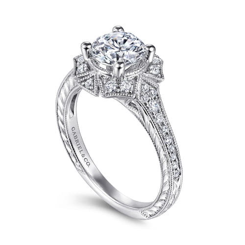 Unique 14K White Gold Art Deco Halo Diamond Engagement Ring