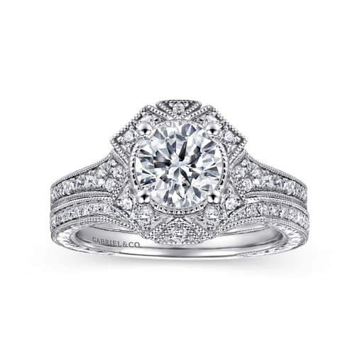 Unique 14K White Gold Art Deco Halo Diamond Engagement Ring
