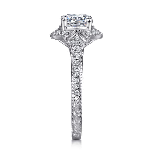 Unique 14K White Gold Art Deco Halo Diamond Engagement Ring