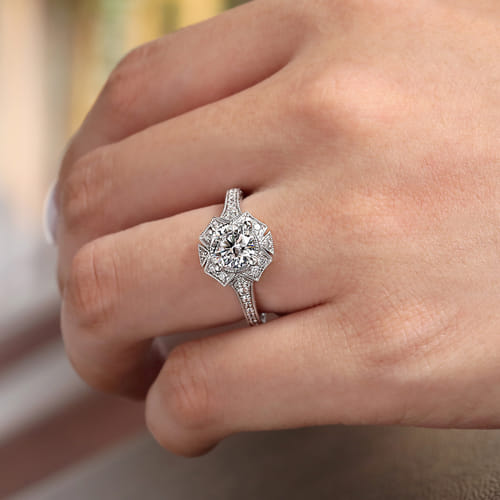 Unique 14K White Gold Art Deco Halo Diamond Engagement Ring