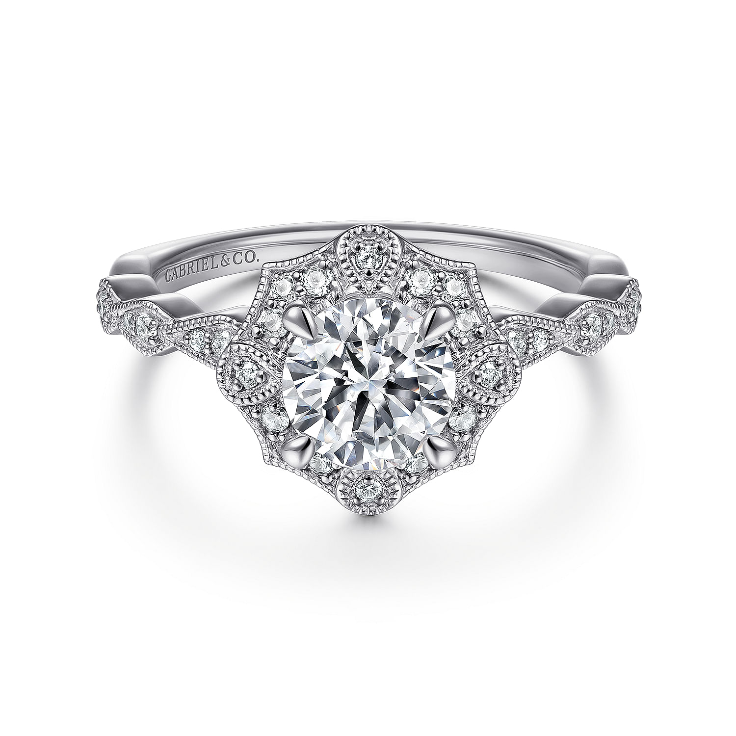 Gabriel - Unique 14K White Gold Art Deco Halo Diamond Engagement Ring