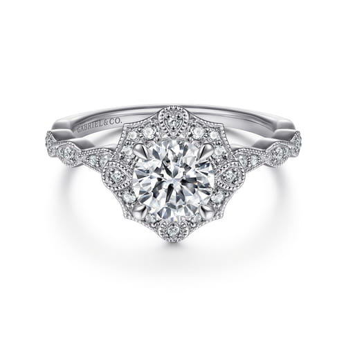 Unique 14K White Gold Art Deco Halo Diamond Engagement Ring