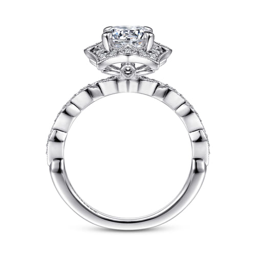 Unique 14K White Gold Art Deco Halo Diamond Engagement Ring