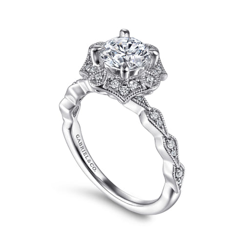 Unique 14K White Gold Art Deco Halo Diamond Engagement Ring