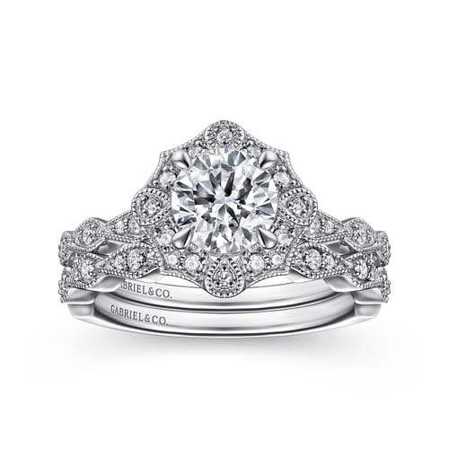 Unique 14K White Gold Art Deco Halo Diamond Engagement Ring