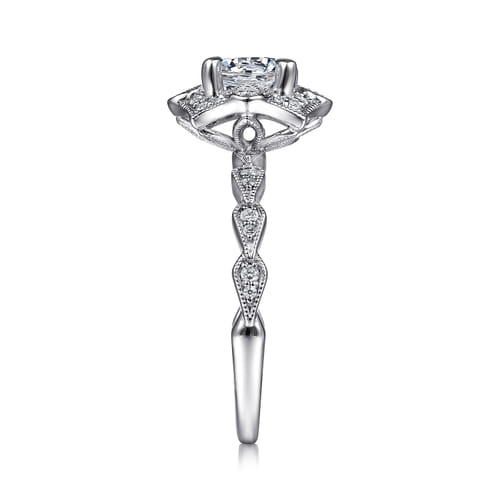 Unique 14K White Gold Art Deco Halo Diamond Engagement Ring