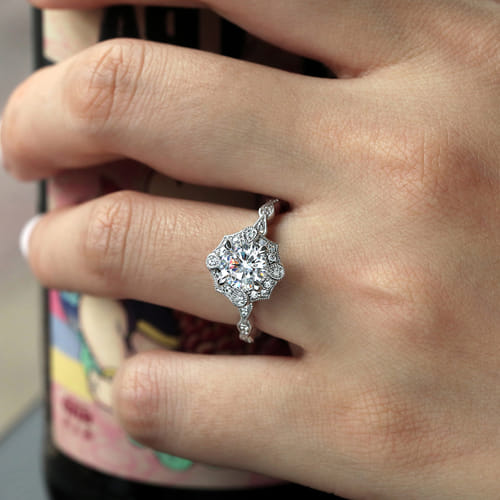 Unique 14K White Gold Art Deco Halo Diamond Engagement Ring