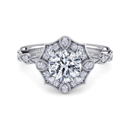 Unique 14K White Gold Art Deco Halo Diamond Engagement Ring