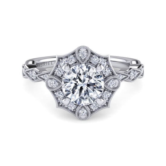 Gabriel - Unique 14K White Gold Art Deco Halo Diamond Engagement Ring