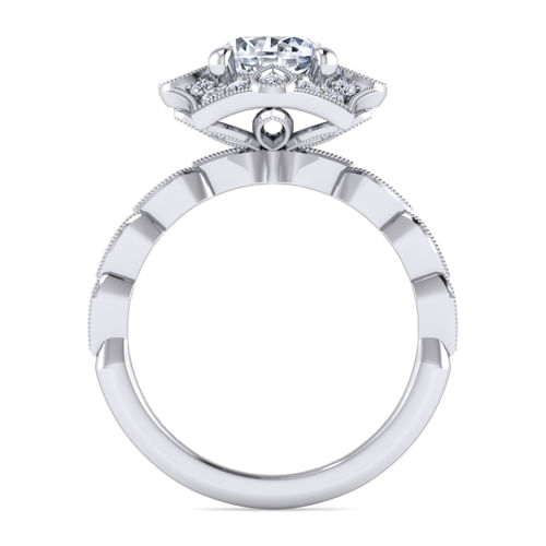 Unique 14K White Gold Art Deco Halo Diamond Engagement Ring