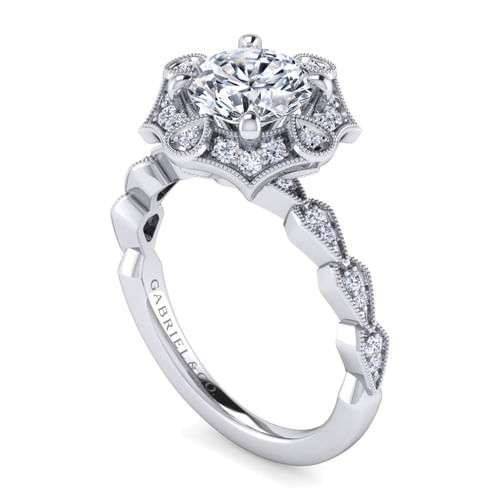 Unique 14K White Gold Art Deco Halo Diamond Engagement Ring