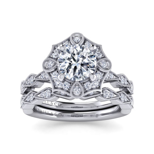 Unique 14K White Gold Art Deco Halo Diamond Engagement Ring