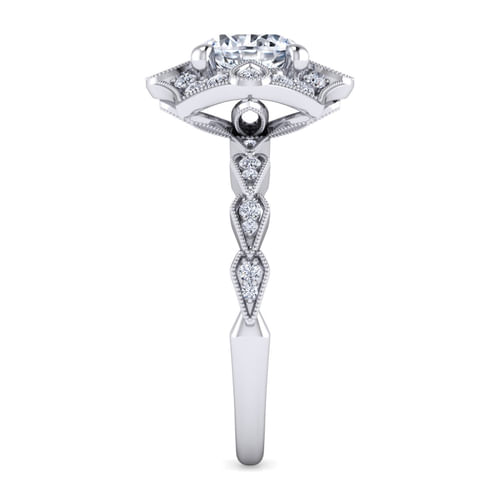Unique 14K White Gold Art Deco Halo Diamond Engagement Ring