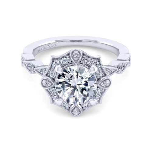 Unique 14K White Gold Art Deco Halo Diamond Engagement Ring