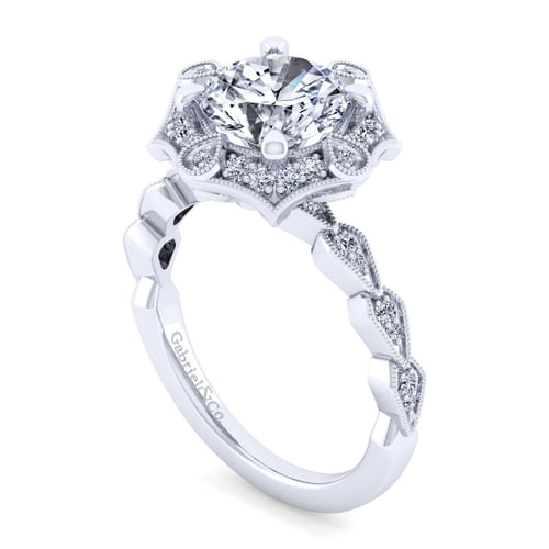 Unique 14K White Gold Art Deco Halo Diamond Engagement Ring