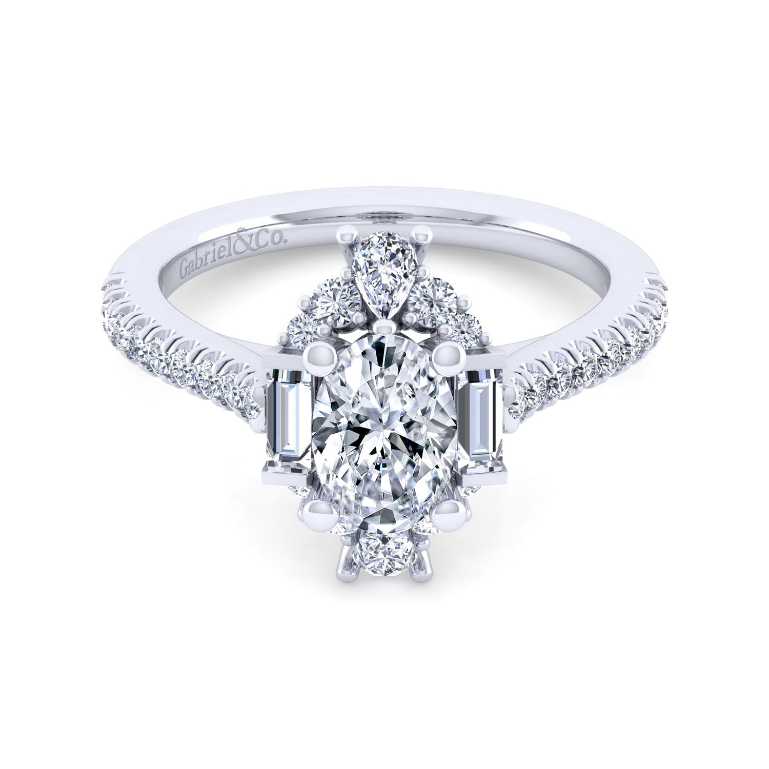 Unique 14K White Gold Art Deco Oval Halo Diamond Channel Set Engagement Ring