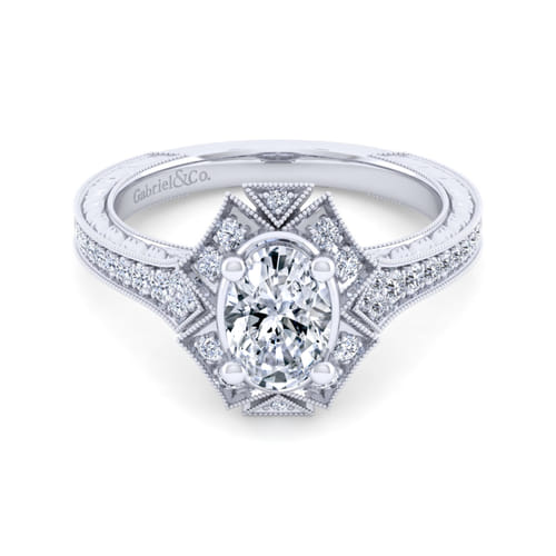 Unique 14K White Gold Art Deco Oval Halo Diamond Engagement Ring