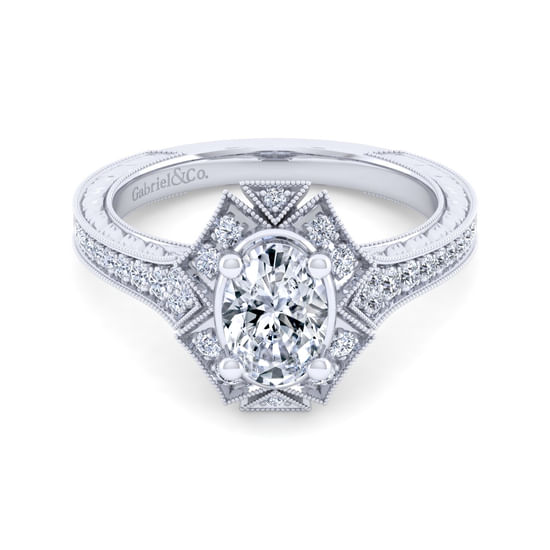 Gabriel - Unique 14K White Gold Art Deco Oval Halo Diamond Engagement Ring