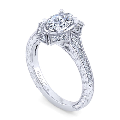 Unique 14K White Gold Art Deco Oval Halo Diamond Engagement Ring