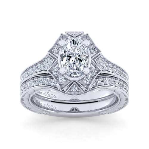 Unique 14K White Gold Art Deco Oval Halo Diamond Engagement Ring