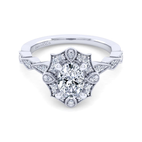 Unique 14K White Gold Art Deco Oval Halo Diamond Engagement Ring