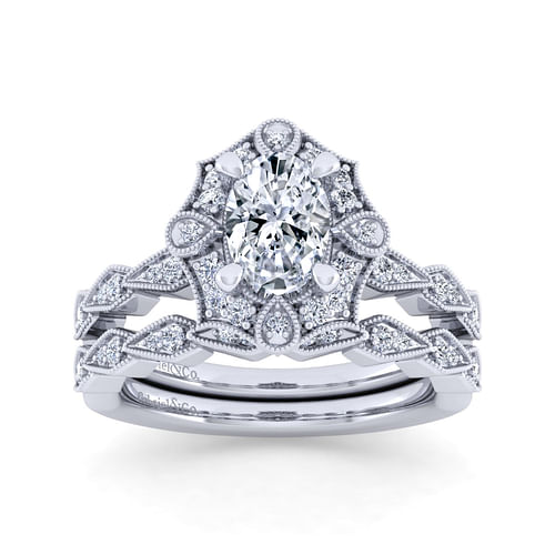 Unique 14K White Gold Art Deco Oval Halo Diamond Engagement Ring