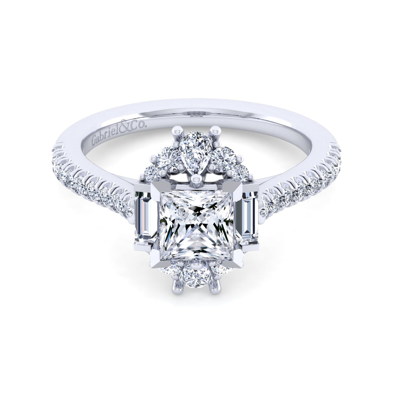 Unique 14K White Gold Art Deco Princess Cut Halo Diamond Channel Set Engagement Ring