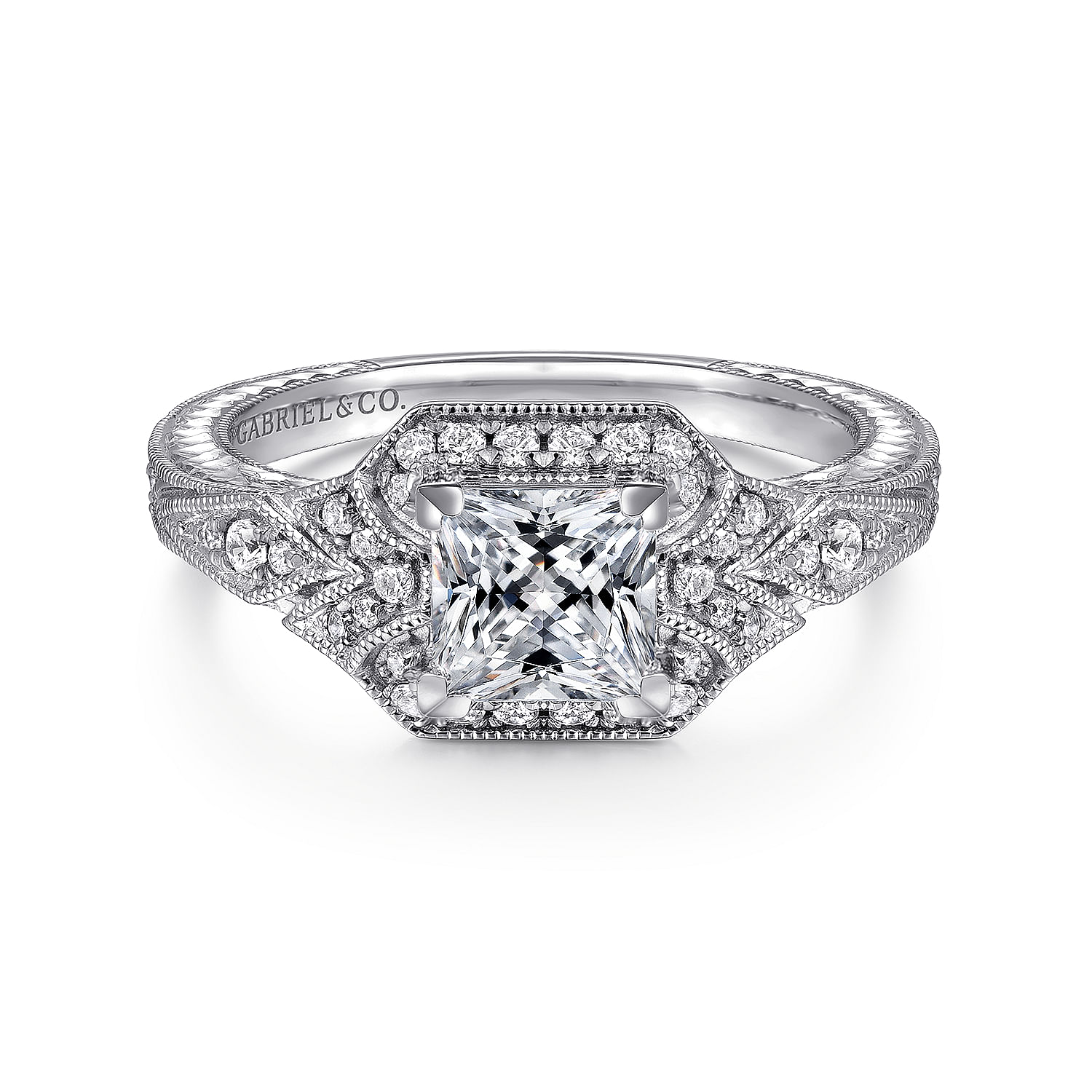 Gabriel - Unique 14K White Gold Art Deco Princess Cut Halo Diamond Engagement Ring