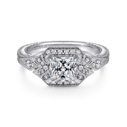 Unique 14K White Gold Art Deco Princess Cut Halo Diamond Engagement Ring