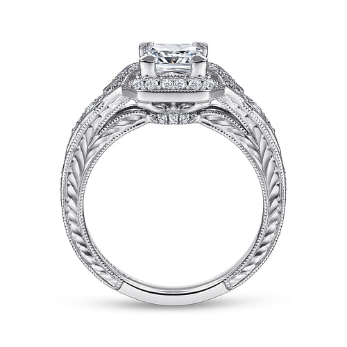 Unique 14K White Gold Art Deco Princess Cut Halo Diamond Engagement Ring