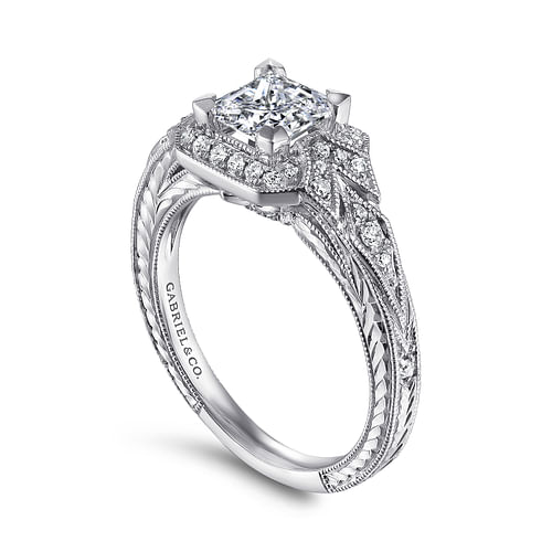 Unique 14K White Gold Art Deco Princess Cut Halo Diamond Engagement Ring