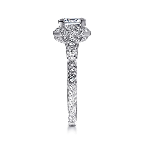 Unique 14K White Gold Art Deco Princess Cut Halo Diamond Engagement Ring