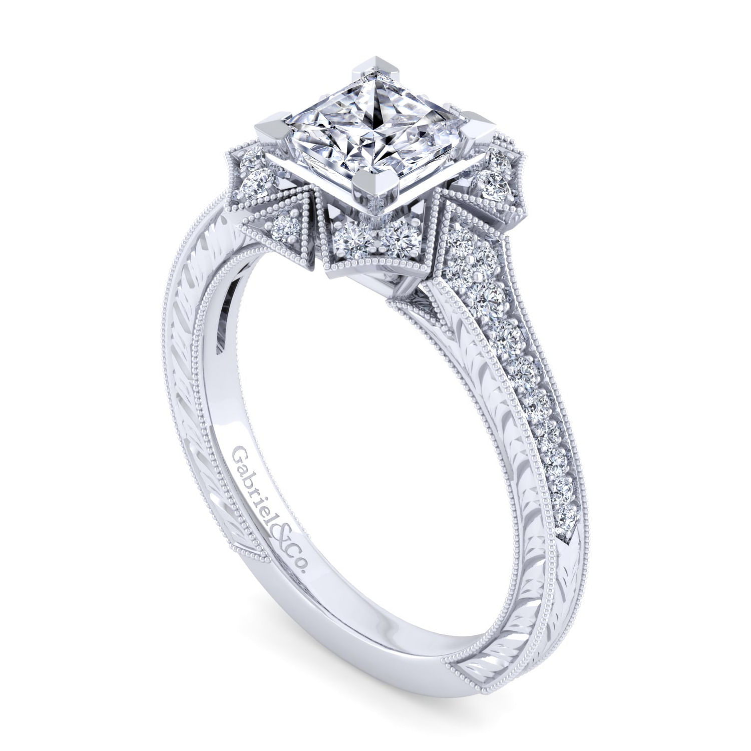 Unique 14K White Gold Art Deco Princess Cut Halo Diamond Engagement Ring