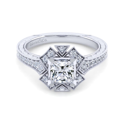 Unique 14K White Gold Art Deco Princess Halo Diamond Engagement Ring