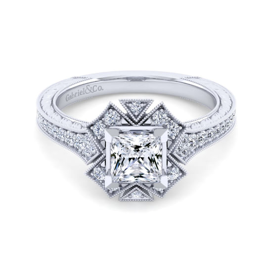 Gabriel - Unique 14K White Gold Art Deco Princess Halo Diamond Engagement Ring