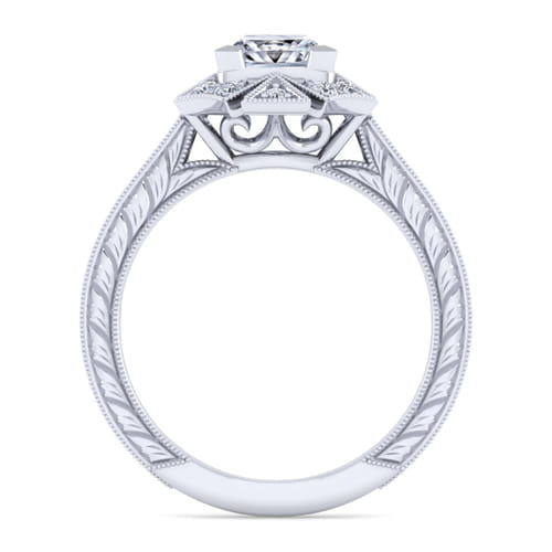 Unique 14K White Gold Art Deco Princess Halo Diamond Engagement Ring