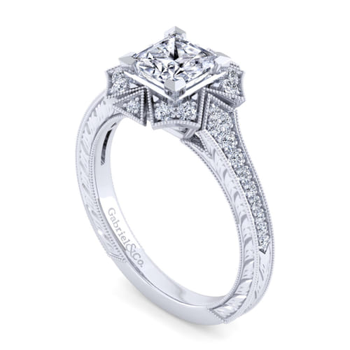 Unique 14K White Gold Art Deco Princess Halo Diamond Engagement Ring