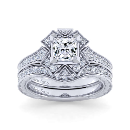 Unique 14K White Gold Art Deco Princess Halo Diamond Engagement Ring