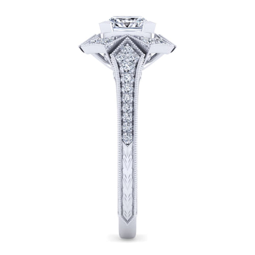 Unique 14K White Gold Art Deco Princess Halo Diamond Engagement Ring